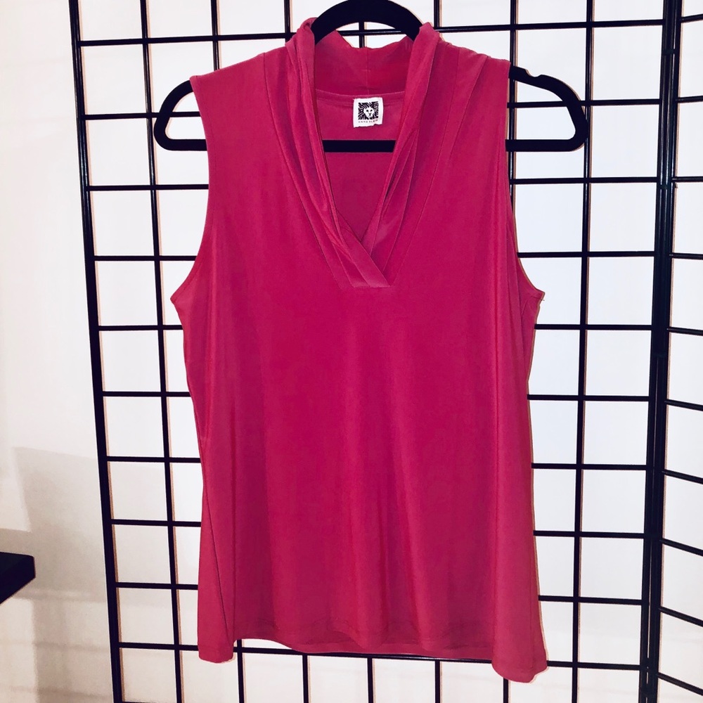 Anne Klein Sleeveless V-Neck Blouse. Deep Pink.